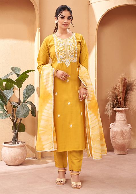 Yellow Abstract Print Chanderi Kurta Set