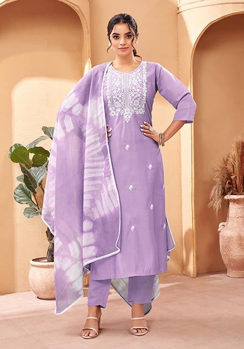 Purple Abstract Print Chanderi Kurta Set