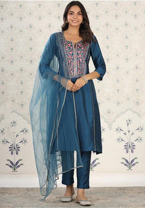 Teal Blue Abstract Print Chanderi Kurta Set