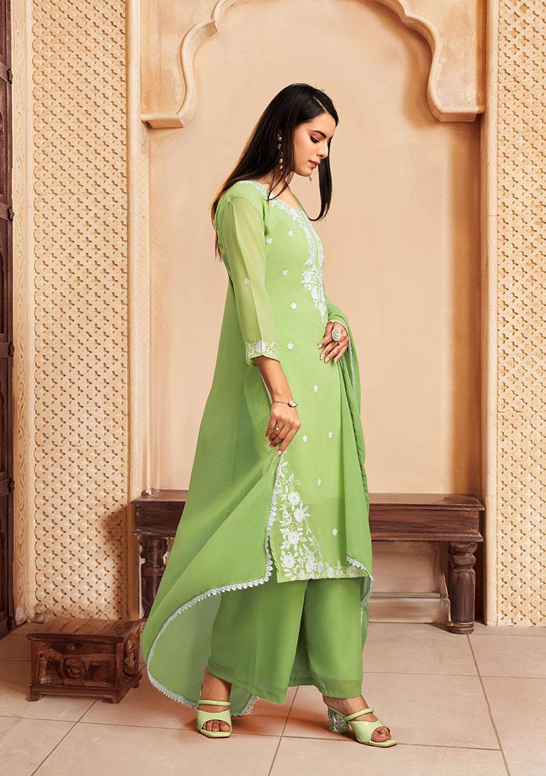 Green Resham Embroidered Georgette Kurta Set