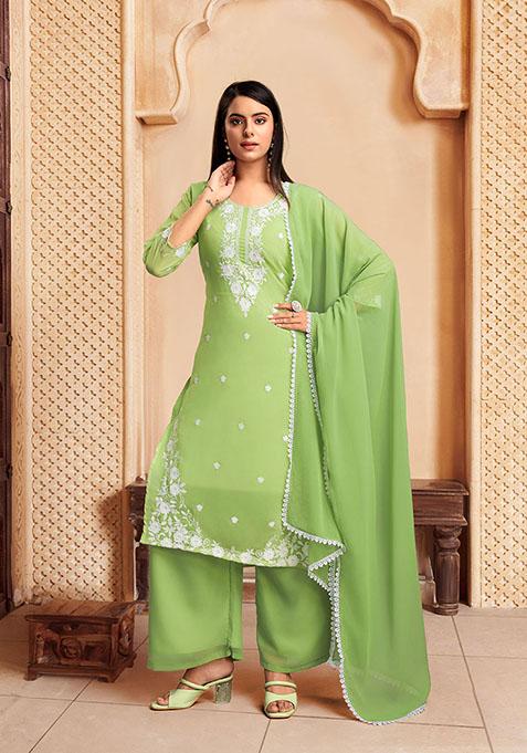 Green Resham Embroidered Georgette Kurta Set