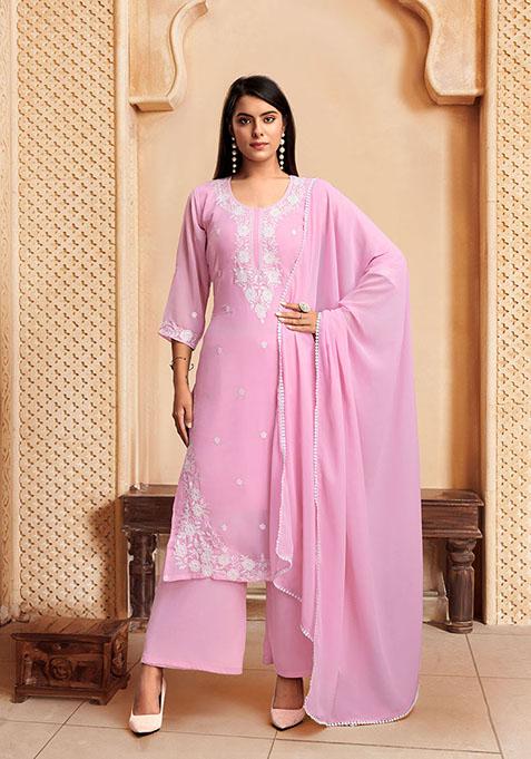 Pink Resham Embroidered Georgette Kurta Set