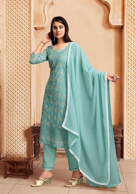 Blue Resham Embroidered Georgette Kurta Set