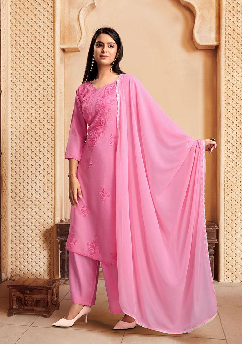 Pink Resham Embroidered Rayon Kurta Set
