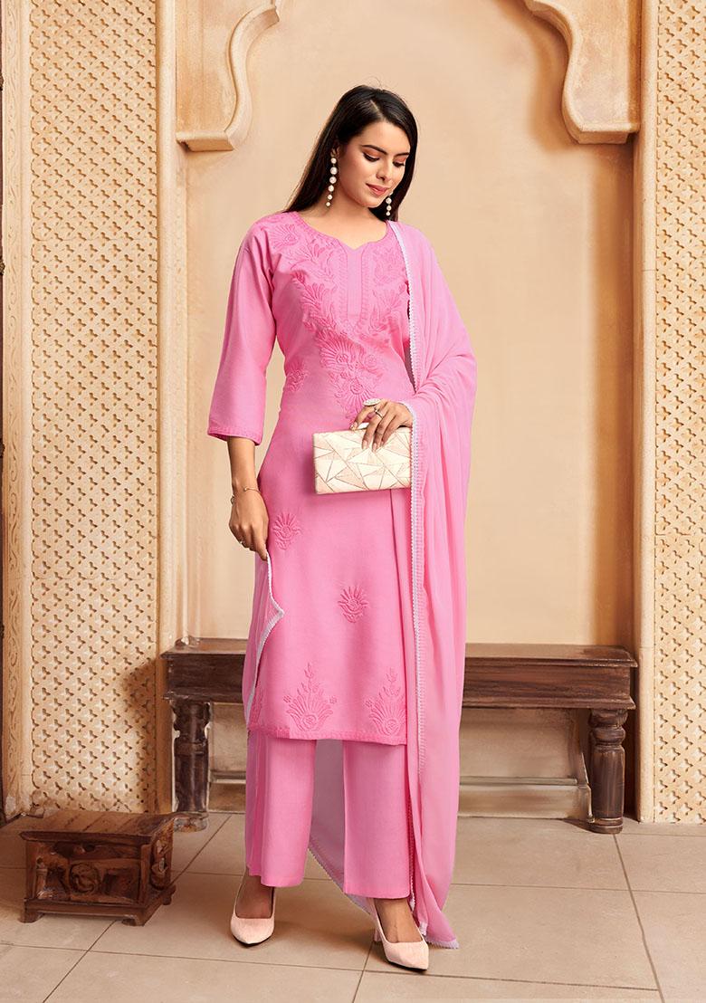 Pink Resham Embroidered Rayon Kurta Set