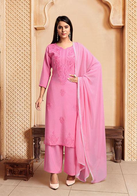 Pink Resham Embroidered Rayon Kurta Set