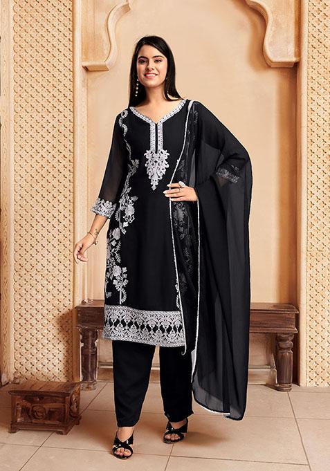 Black Resham Embroidered Georgette Kurta Set