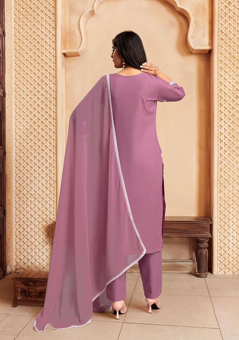 Pink Resham Embroidered Rayon Kurta Set