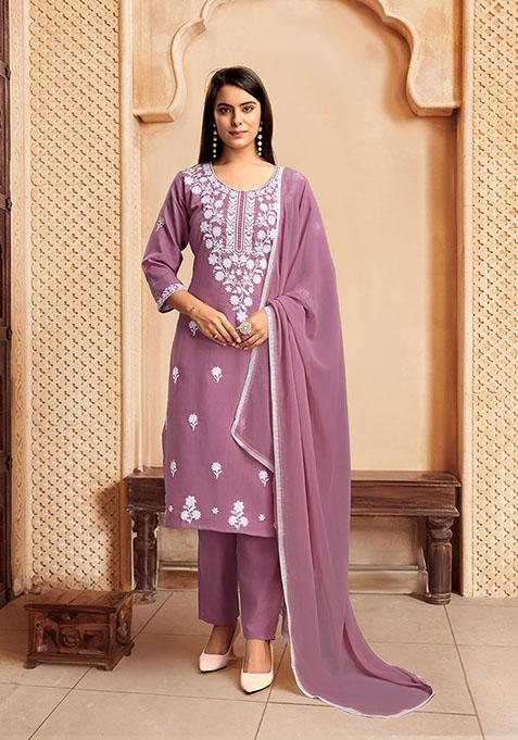 Pink Resham Embroidered Rayon Kurta Set