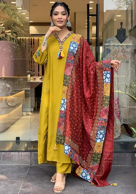 Mustard Resham Embroidered Chanderi Kurta Set