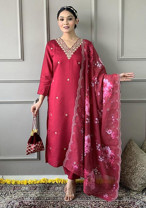 Red Resham Embroidered Chanderi Kurta Set