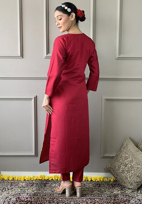 Red Resham Embroidered Chanderi Kurta Set