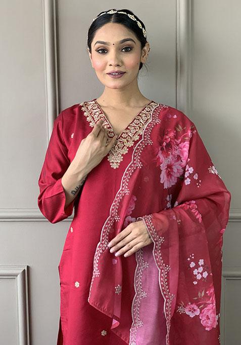 Red Resham Embroidered Chanderi Kurta Set