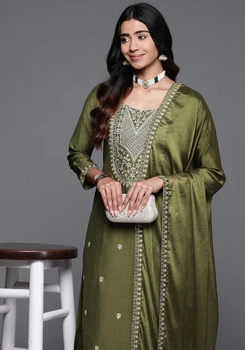 Green Resham Embroidered Chanderi Kurta Set