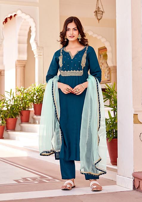 Teal Blue Resham Embroidered Art Silk Kurta Set