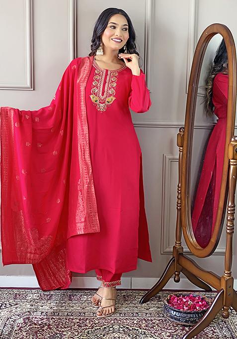 Red Resham Embroidered Chanderi Kurta Set