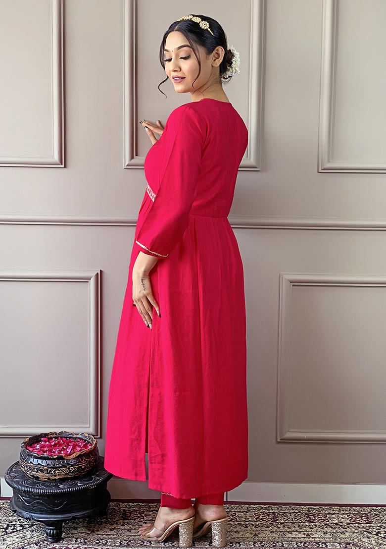 Red Resham Embroidered Chanderi Kurta Set