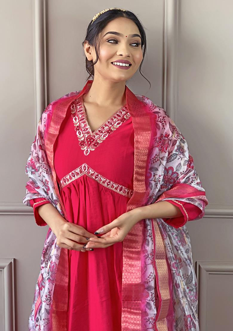 Red Resham Embroidered Chanderi Kurta Set