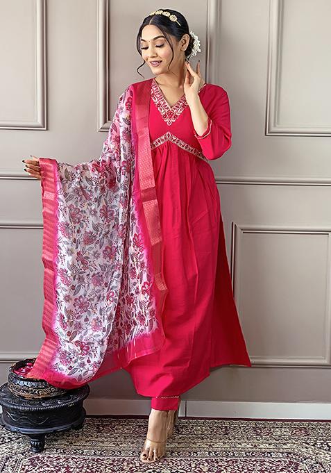 Red Resham Embroidered Chanderi Kurta Set