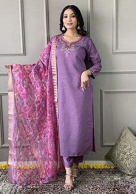 Purple Abstract Print Chanderi Kurta Set