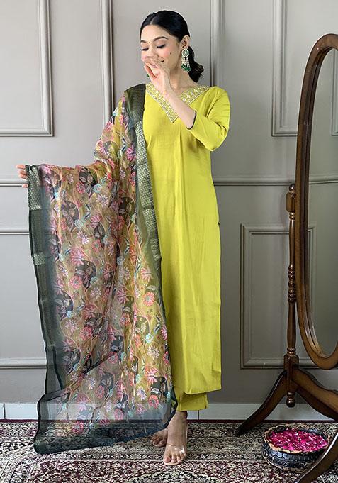 Lemon Green Abstract Print Chanderi Kurta Set