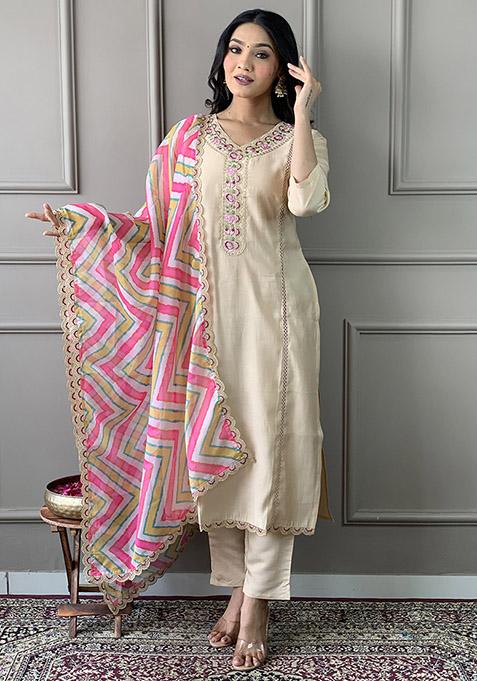 Beige Abstract Print Chanderi Kurta Set