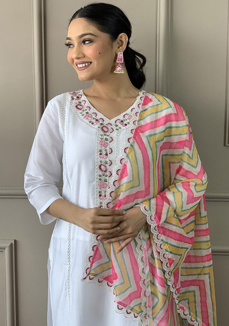 White Abstract Print Chanderi Kurta Set