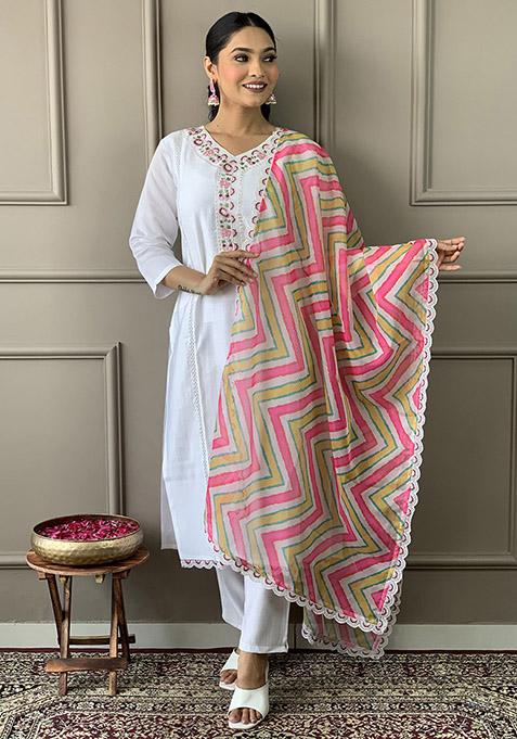 White Abstract Print Chanderi Kurta Set