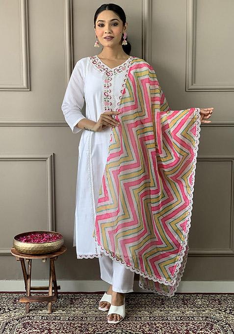 White Abstract Print Chanderi Kurta Set
