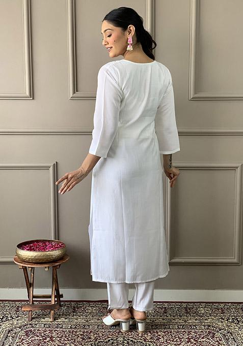 White Abstract Print Chanderi Kurta Set
