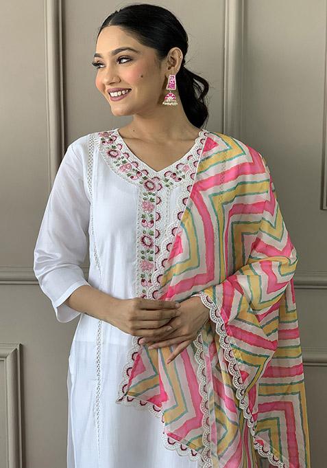 White Abstract Print Chanderi Kurta Set