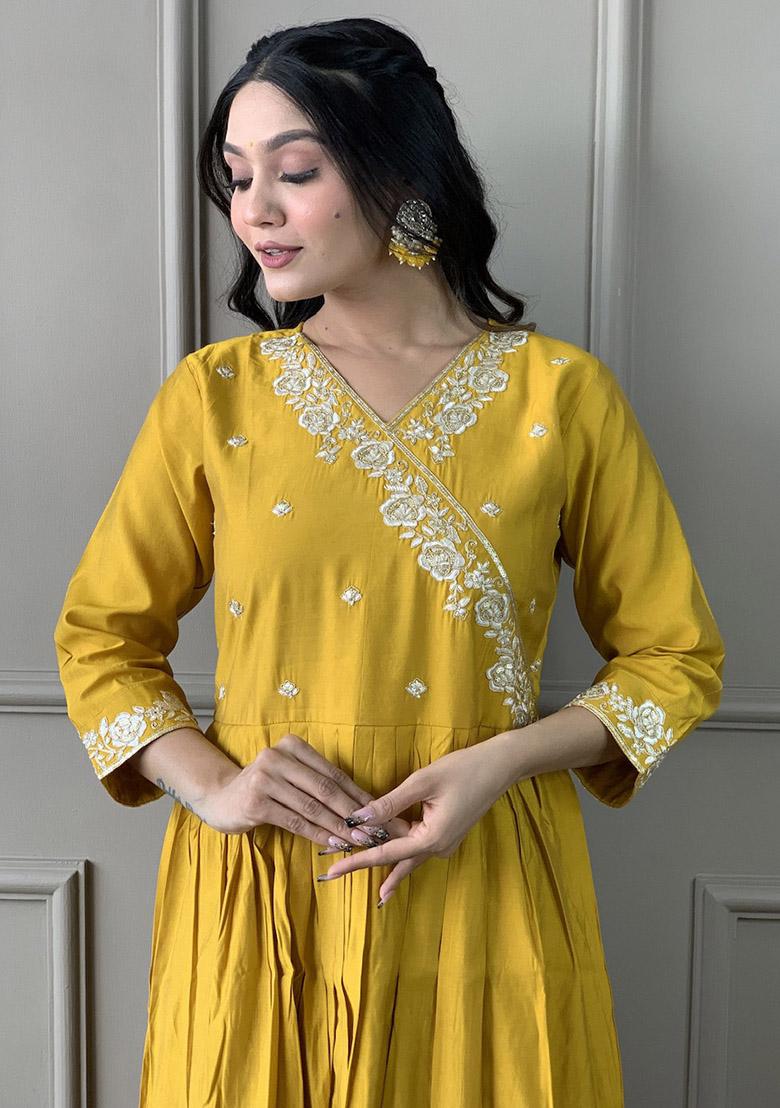 Mustard Abstract Print Chanderi Kurta Set - Indya