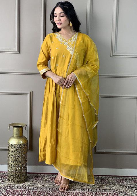 Mustard Abstract Print Chanderi Kurta Set