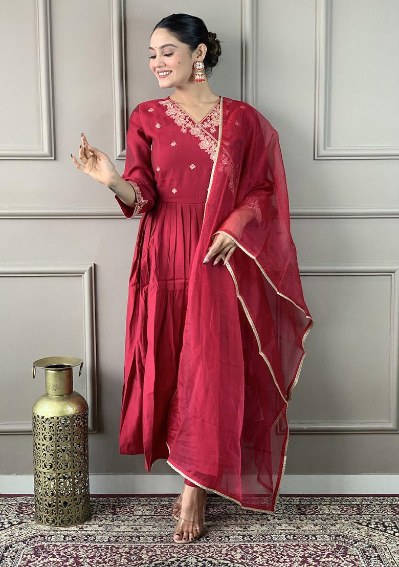 Maroon Abstract Print Chanderi Kurta Set