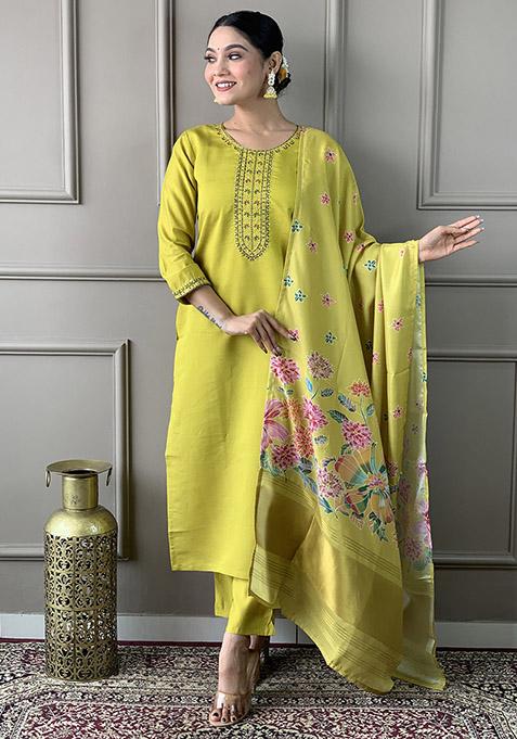 Green Abstract Print Chanderi Kurta Set