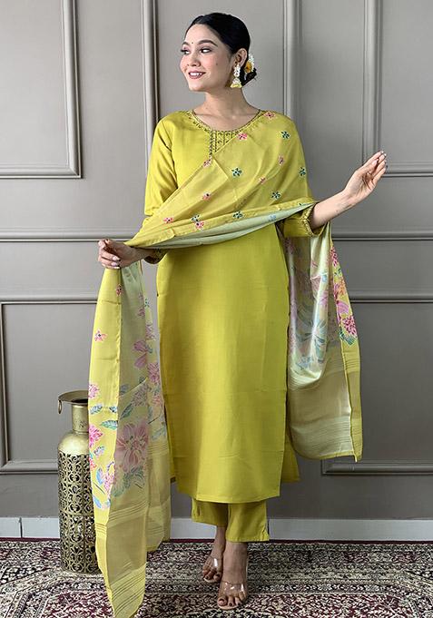 Green Abstract Print Chanderi Kurta Set