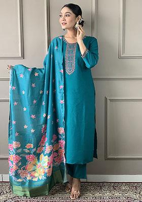Blue Abstract Print Chanderi Kurta Set