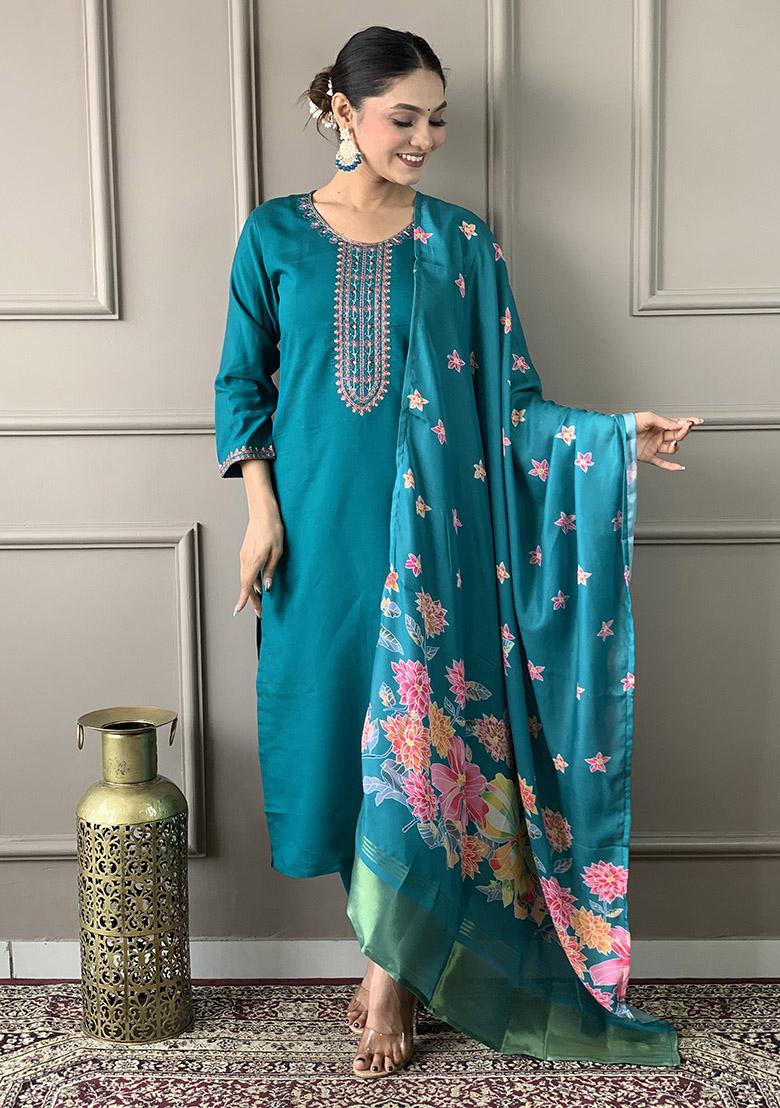 Blue Abstract Print Chanderi Kurta Set