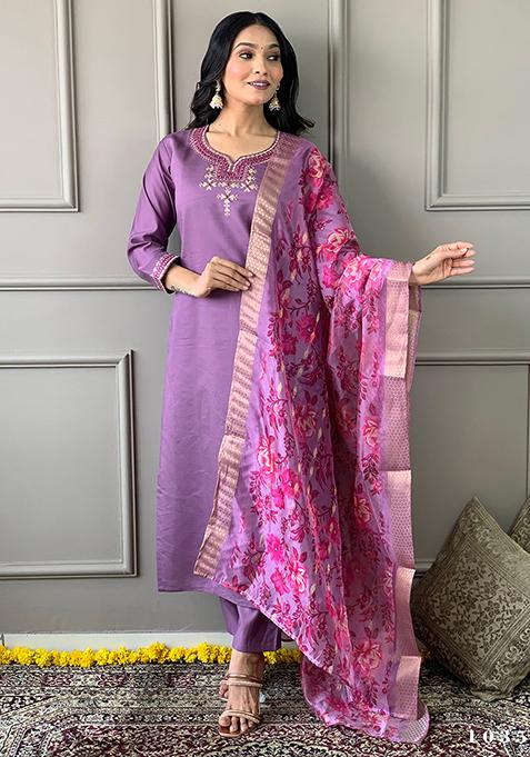 Purple Abstract Print Viscose Kurta Set