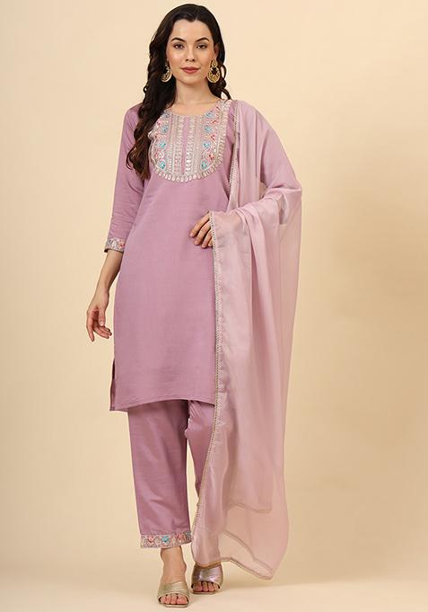 Purple Zari Embroidered Silk Blend Kurta Set