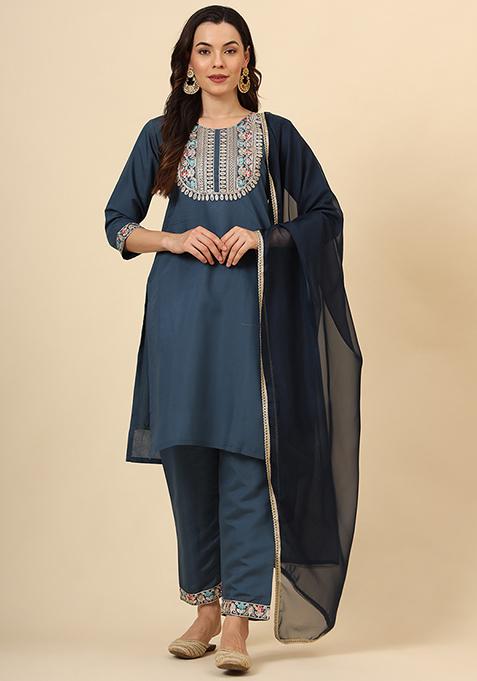 Teal Blue Zari Embroidered Silk Blend Kurta Set