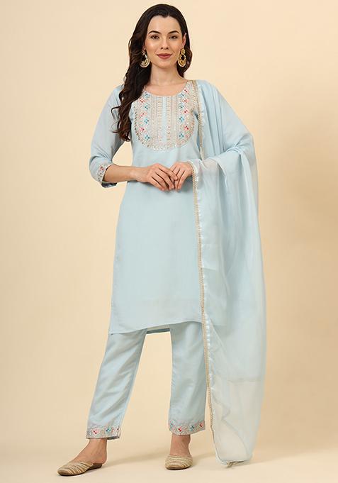 Sky Blue Zari Embroidered Silk Blend Kurta Set