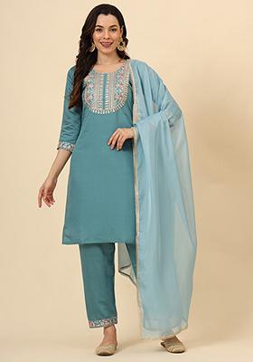 Teal Blue Zari Embroidered Silk Blend Kurta Set