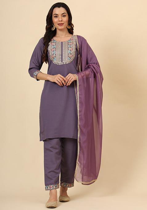 Purple Zari Embroidered Silk Blend Kurta Set