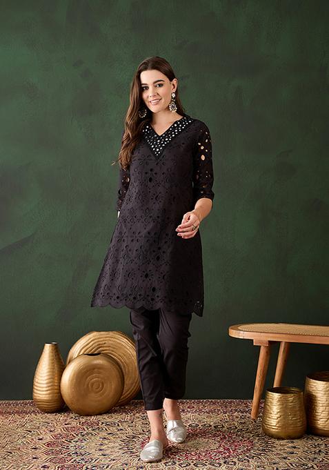 Black Resham Embroidered Cotton Kurta Set