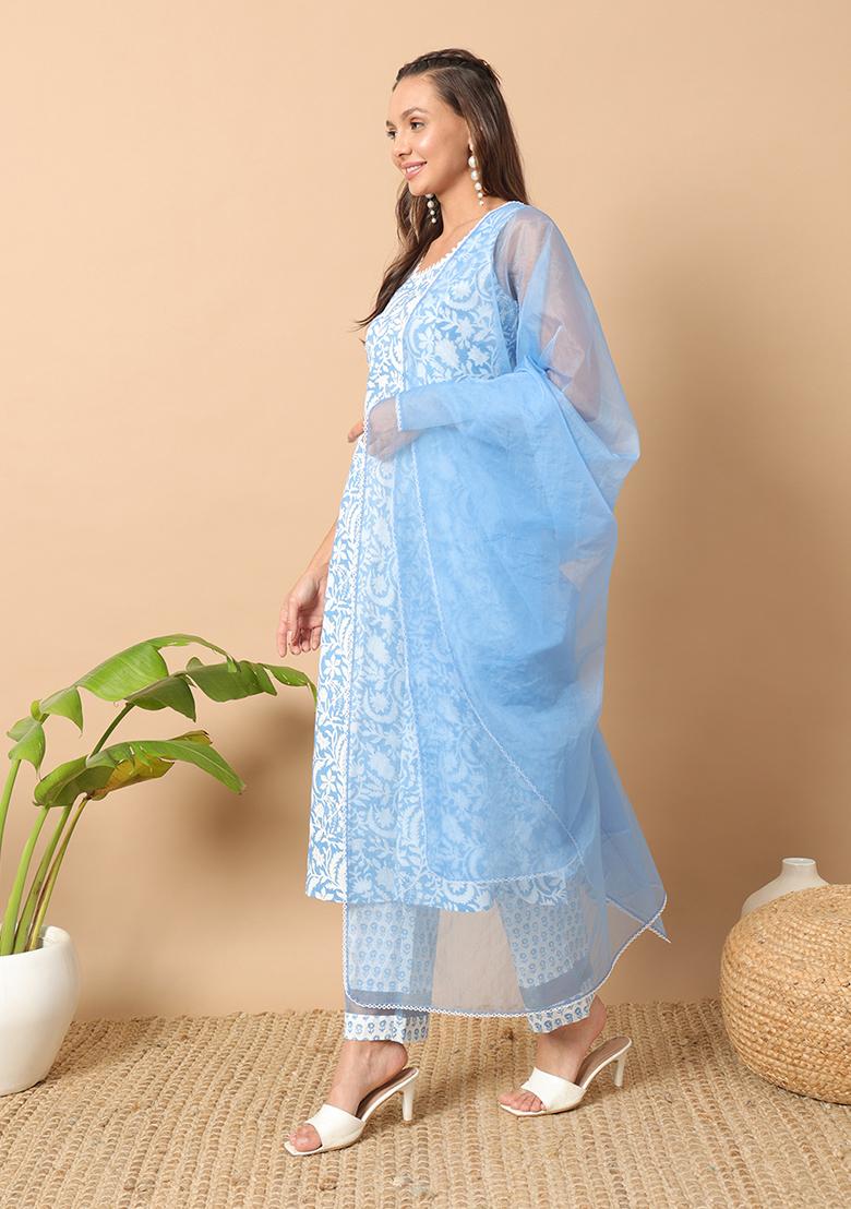 Blue Abstract Print Cotton Kurta Set