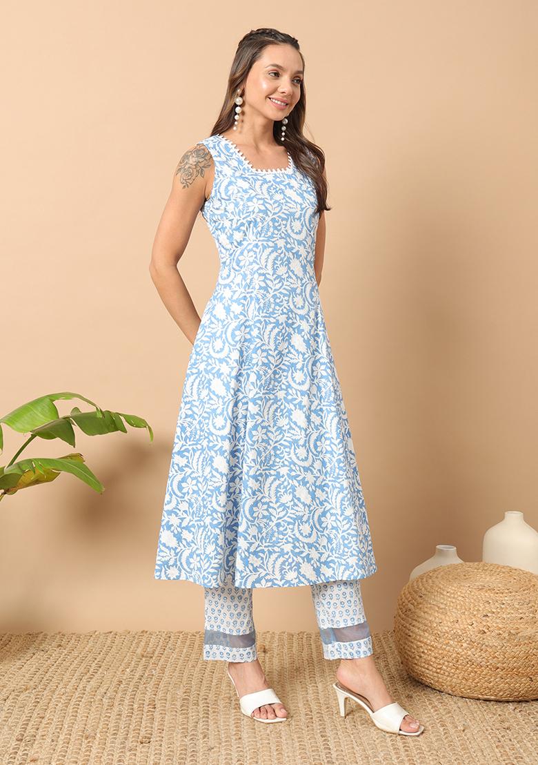 Blue Abstract Print Cotton Kurta Set