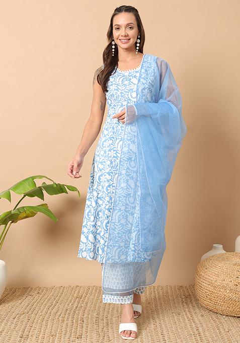 Blue Abstract Print Cotton Kurta Set