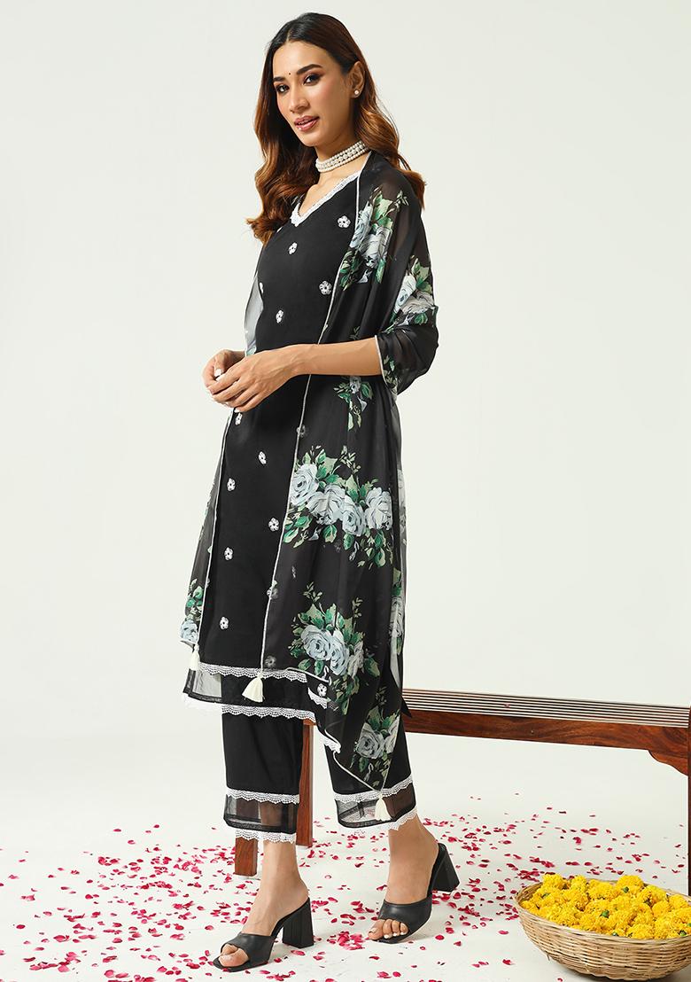 Black Abstract Print Cotton Kurta Set