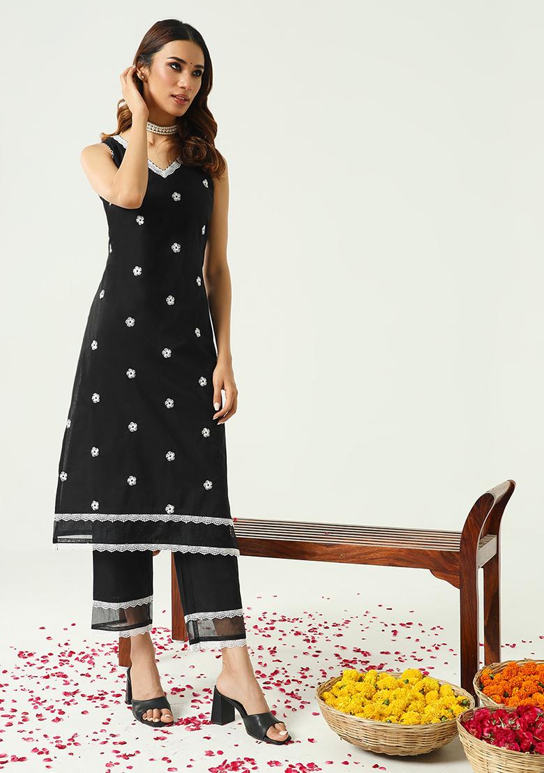 Black Abstract Print Cotton Kurta Set